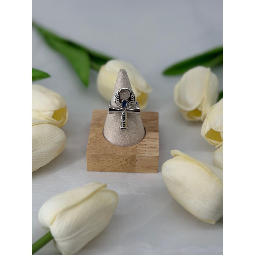 Sterling Silver Blue topaz Ankh Ring with Wings - Picture 3 of 5